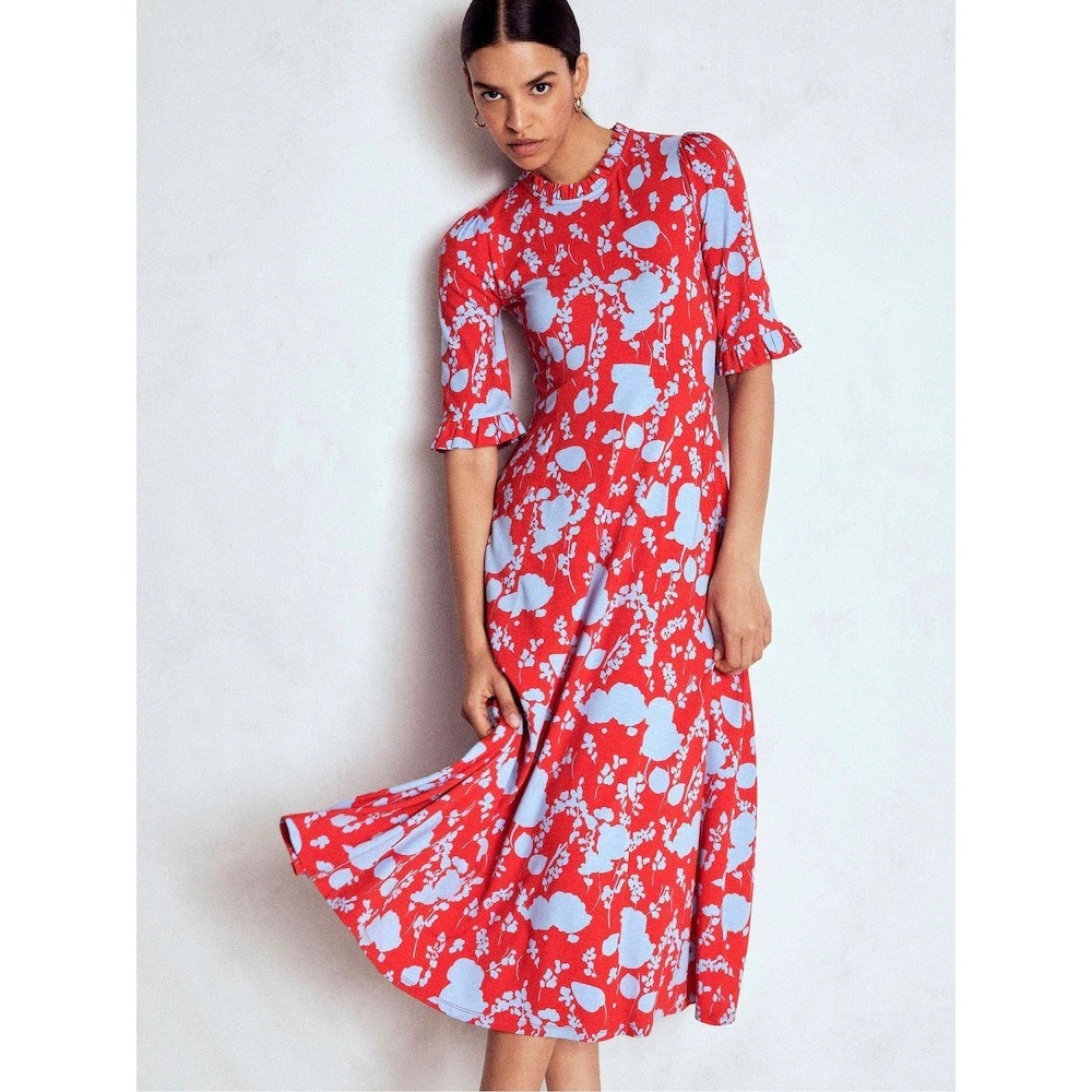 Boden Jersey Ruffle Seamed Midi Dress Maxi Poppy Dainty Springs 22R Blue Red